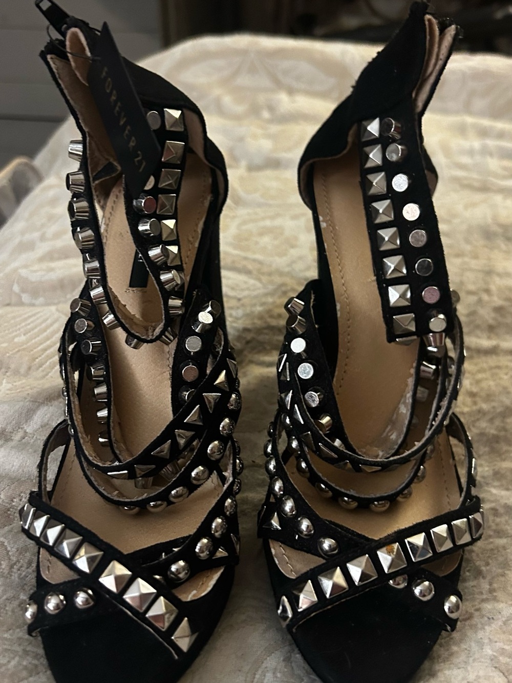 Black Studded Strappy High-Heel Sandals